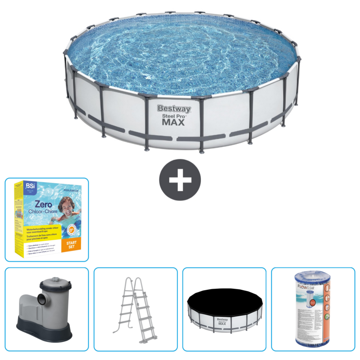 Cirkelvormig zwembad met blauw water. Accessoires zijn filter, ladder, afdekking en chemicaliën.