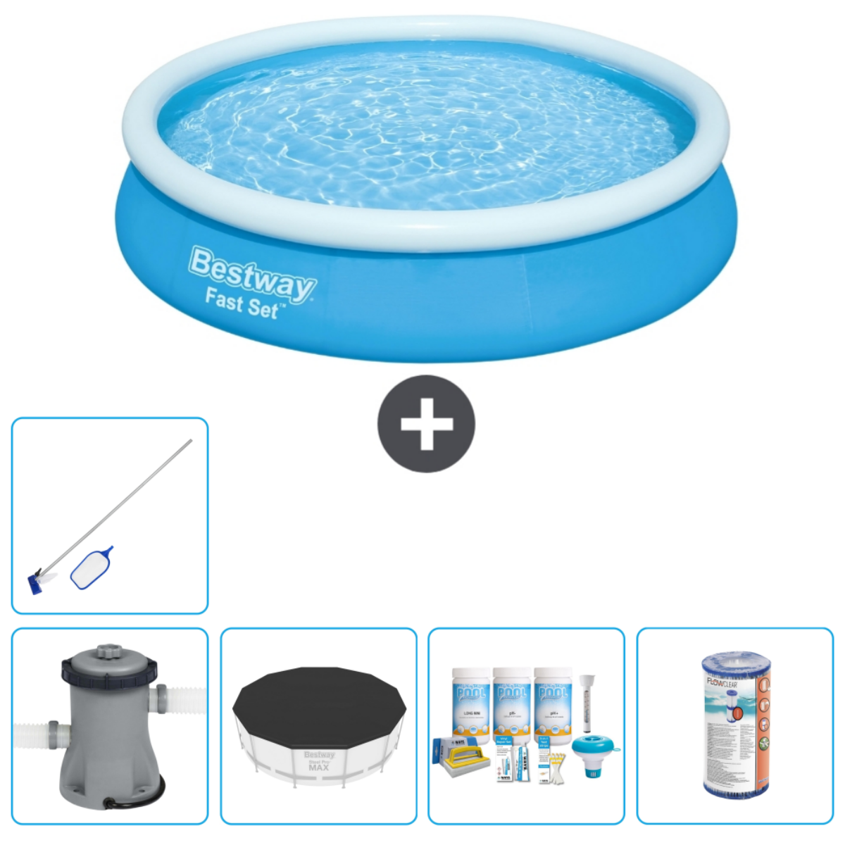 Piscine gonflable bleue avec bordure blanche, accessoires de piscine et un signe plus au milieu.