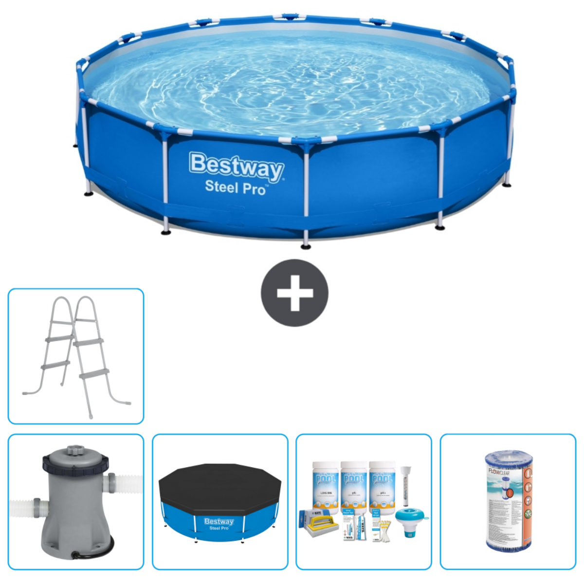 Une piscine bleue Bestway Steel Pro avec accessoires : filtre, échelle, couverture et kit chimique.
