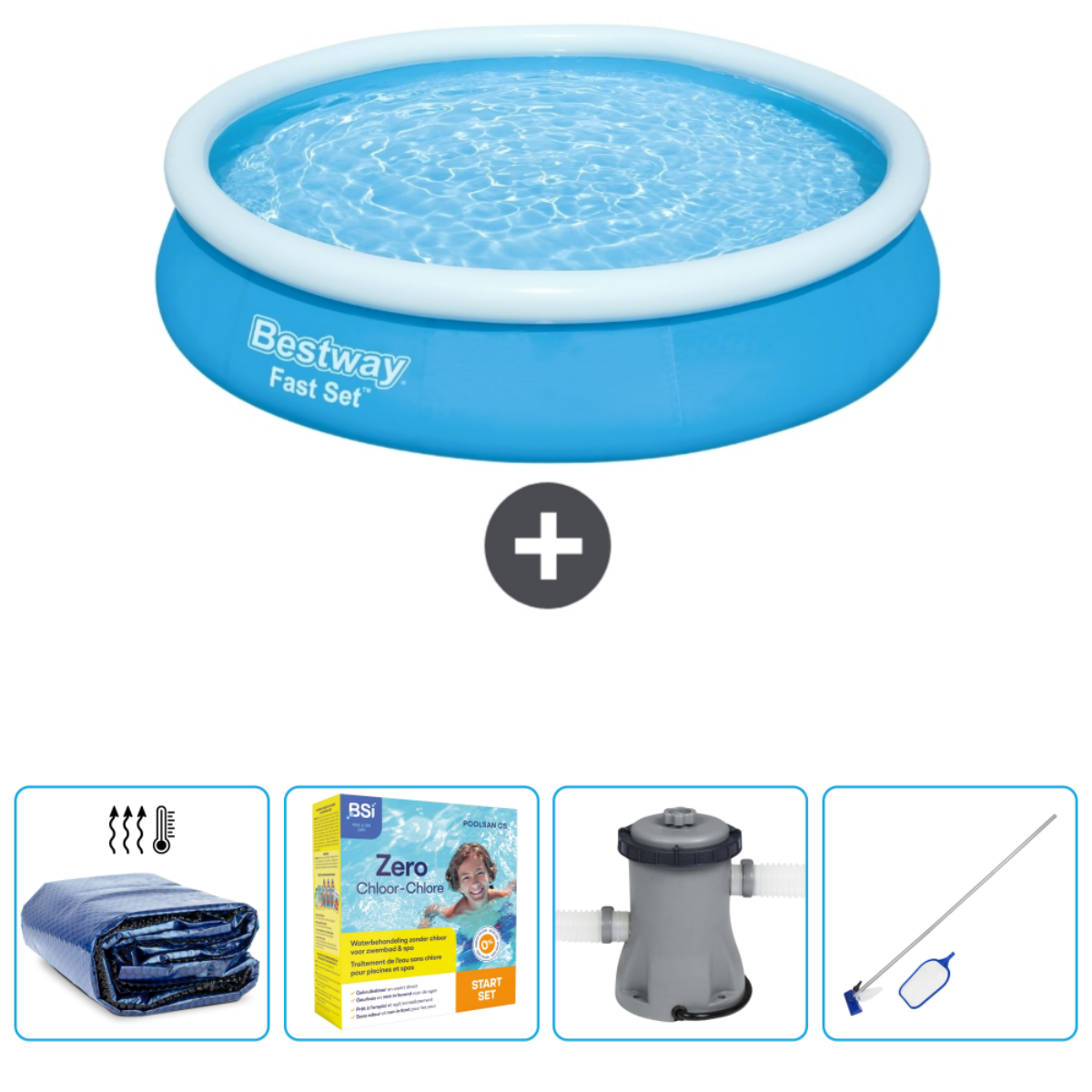 Blauw Bestway Fast Set zwembad met accessoires. Inclusief afdekzeil, filter en chemicaliën.