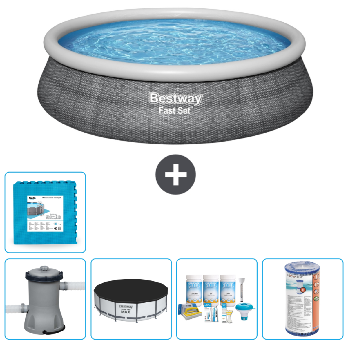 Ronde pool met water en accessoires. Inclusief mat, filter, afdekking, chemicaliën en schoonmaakmiddelen.