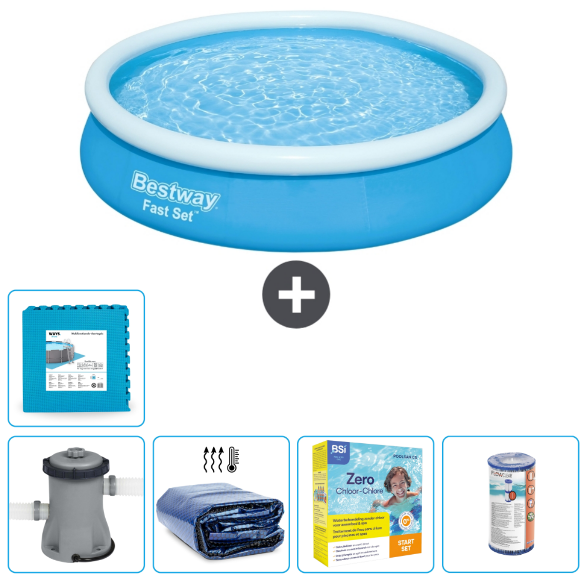 Blue inflatable pool, accessories: pool tiles, pump, cover, chemicals, filter.