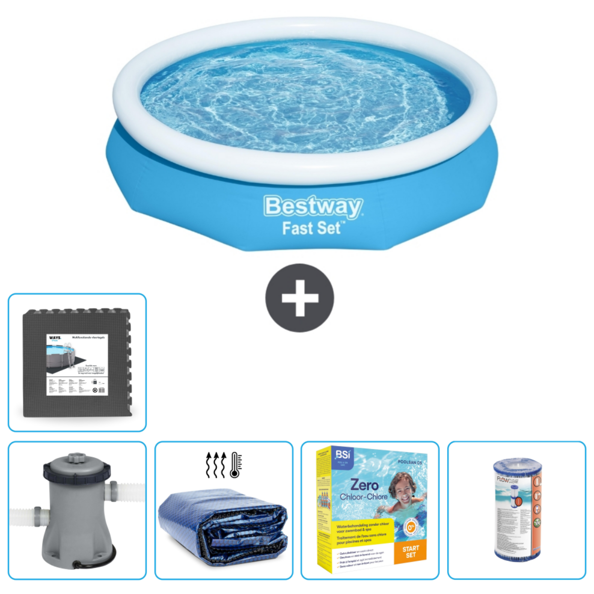 Blauw Bestway-zwembad met accessoires: mat, afdekzeil, chemicaliën, filter.
