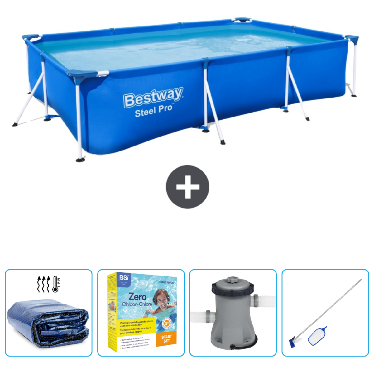 Blauw rechthoekig zwembad met afdekking en accessoires: pomp, chemicaliën.