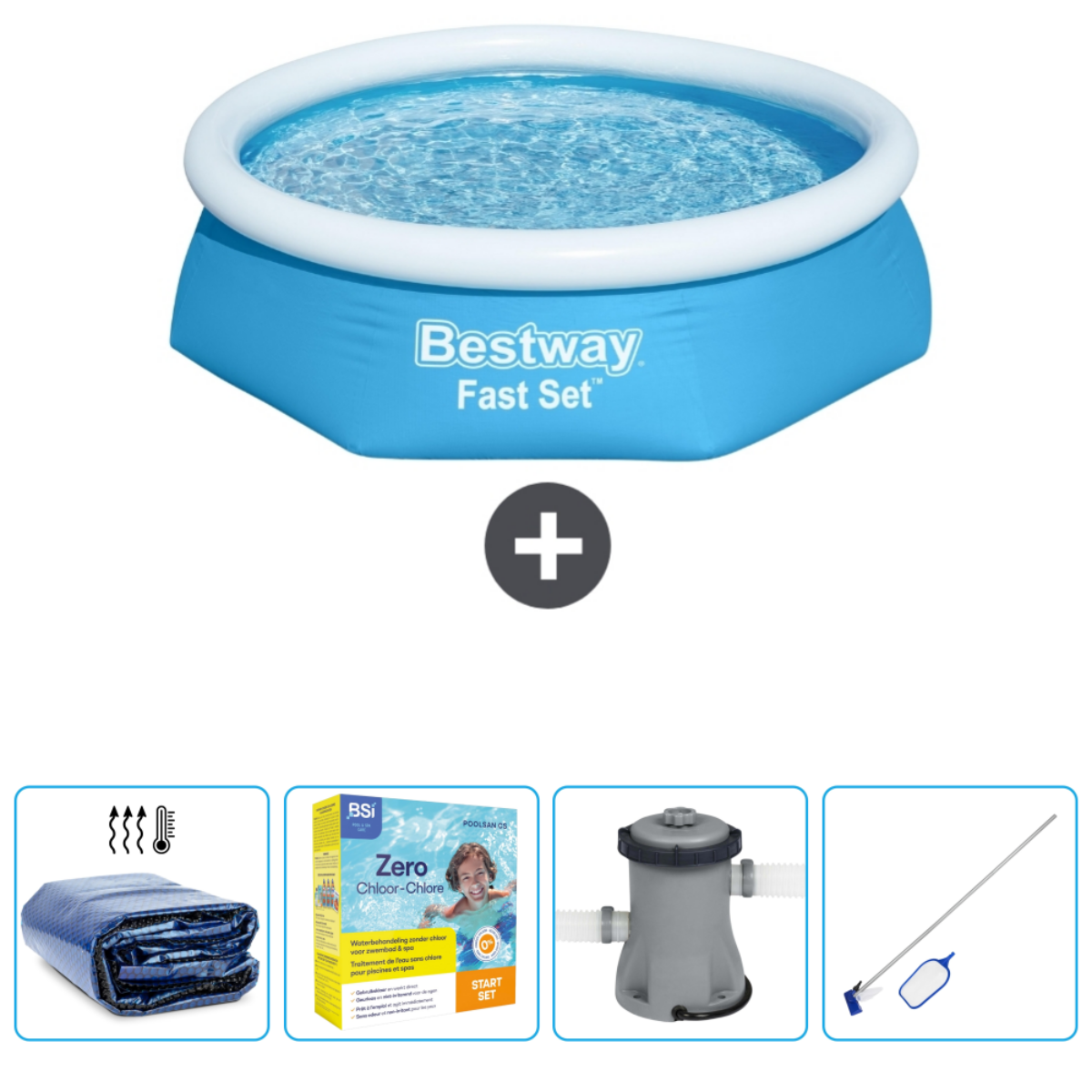 Blauw opblaasbaar zwembad met accessoires: filter, chemicaliën, afdekking en net. Blauw en wit.