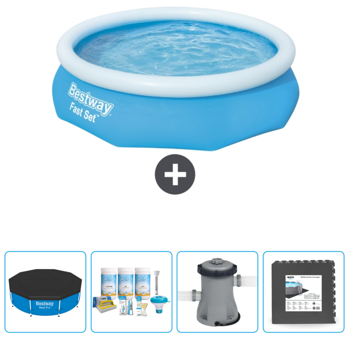 Blauw opblaasbaar zwembad met accessoires: afdekzeil, chemicaliën, pomp en vloermatten.