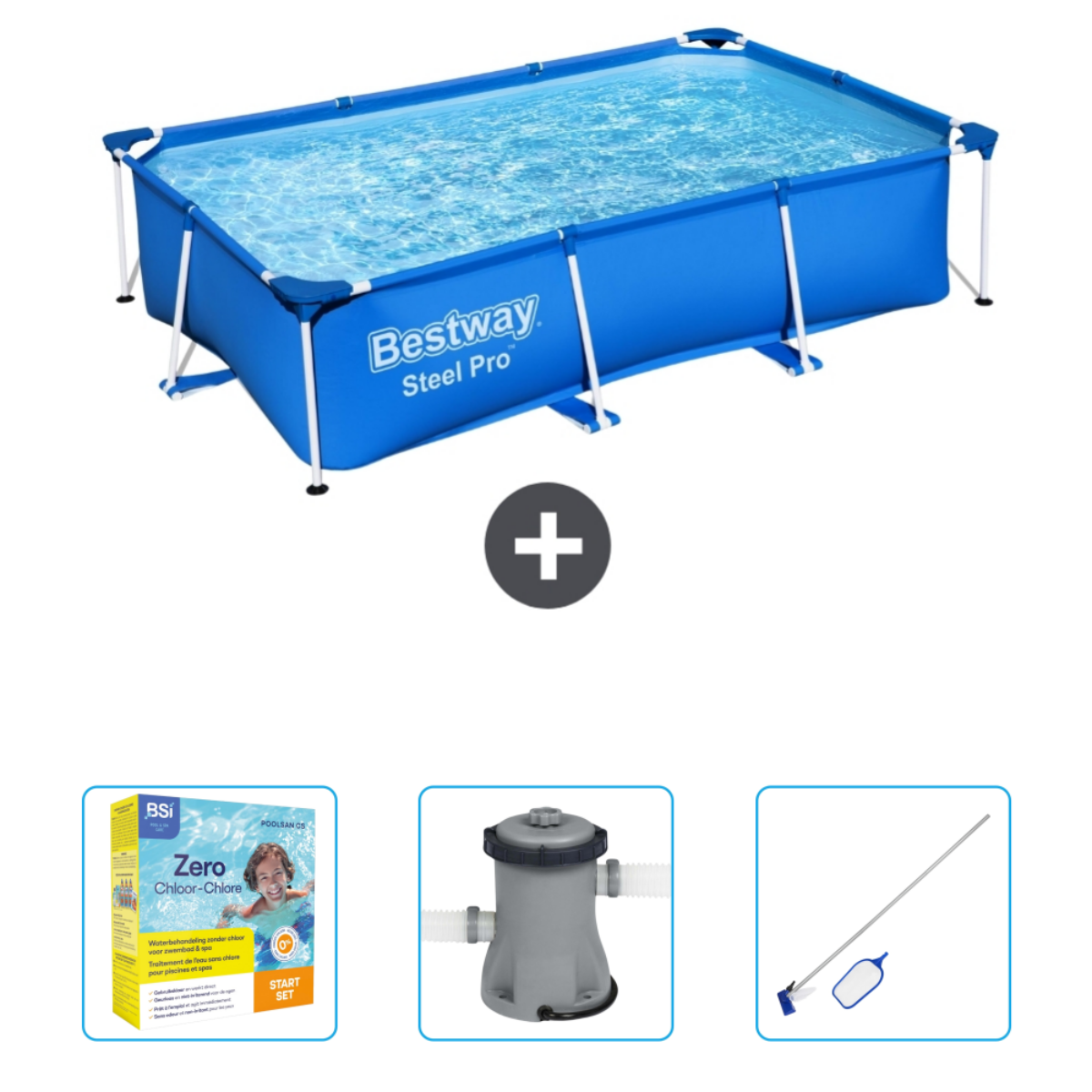 Blauw rechthoekig Bestway Steel Pro zwembad met accessoires. Inclusief filter en chemicaliën.