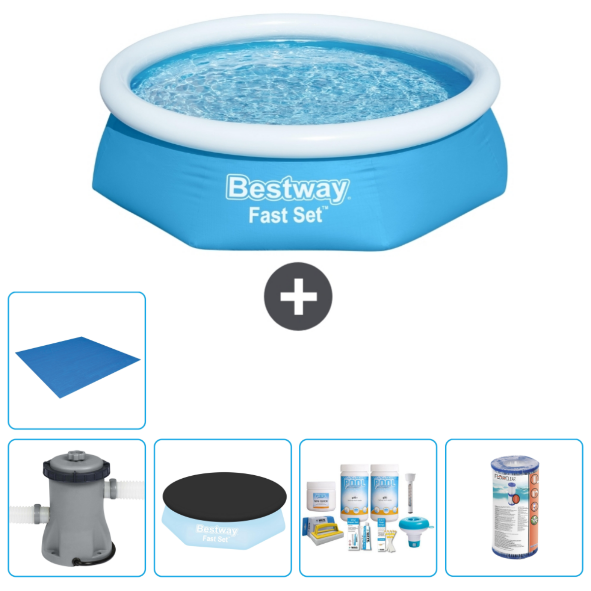 Een blauw opblaasbaar zwembad met accessoires, waaronder een filter, afdekking en kit.