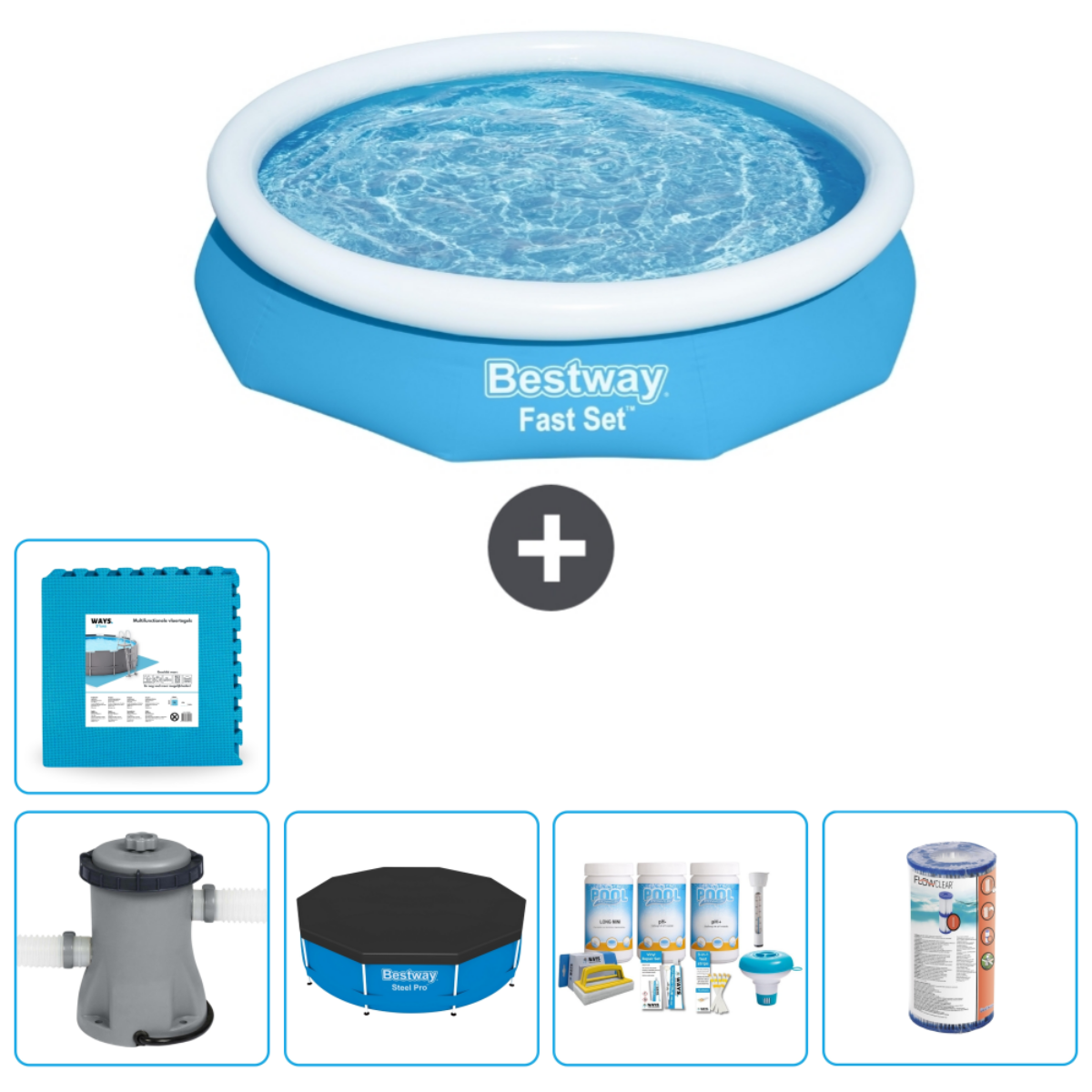 Piscine bleue Bestway avec accessoires: tapis, couverture, produits, filtre.
