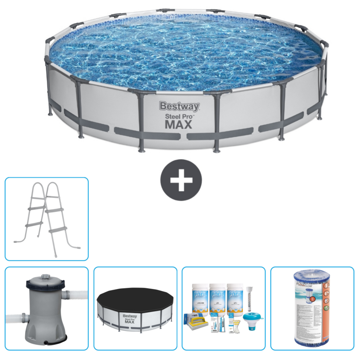 Rond Bestway zwembad met accessoires. Inclusief ladder, filter, afdekking en chemie set.