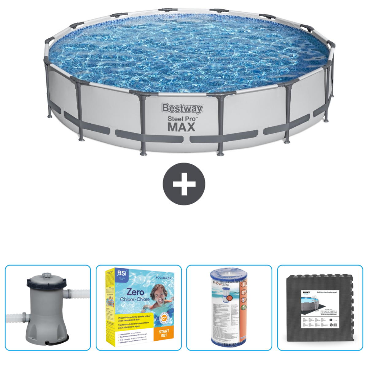 Ensemble de piscine circulaire hors sol. Inclut piscine, pompe et produits de nettoyage.