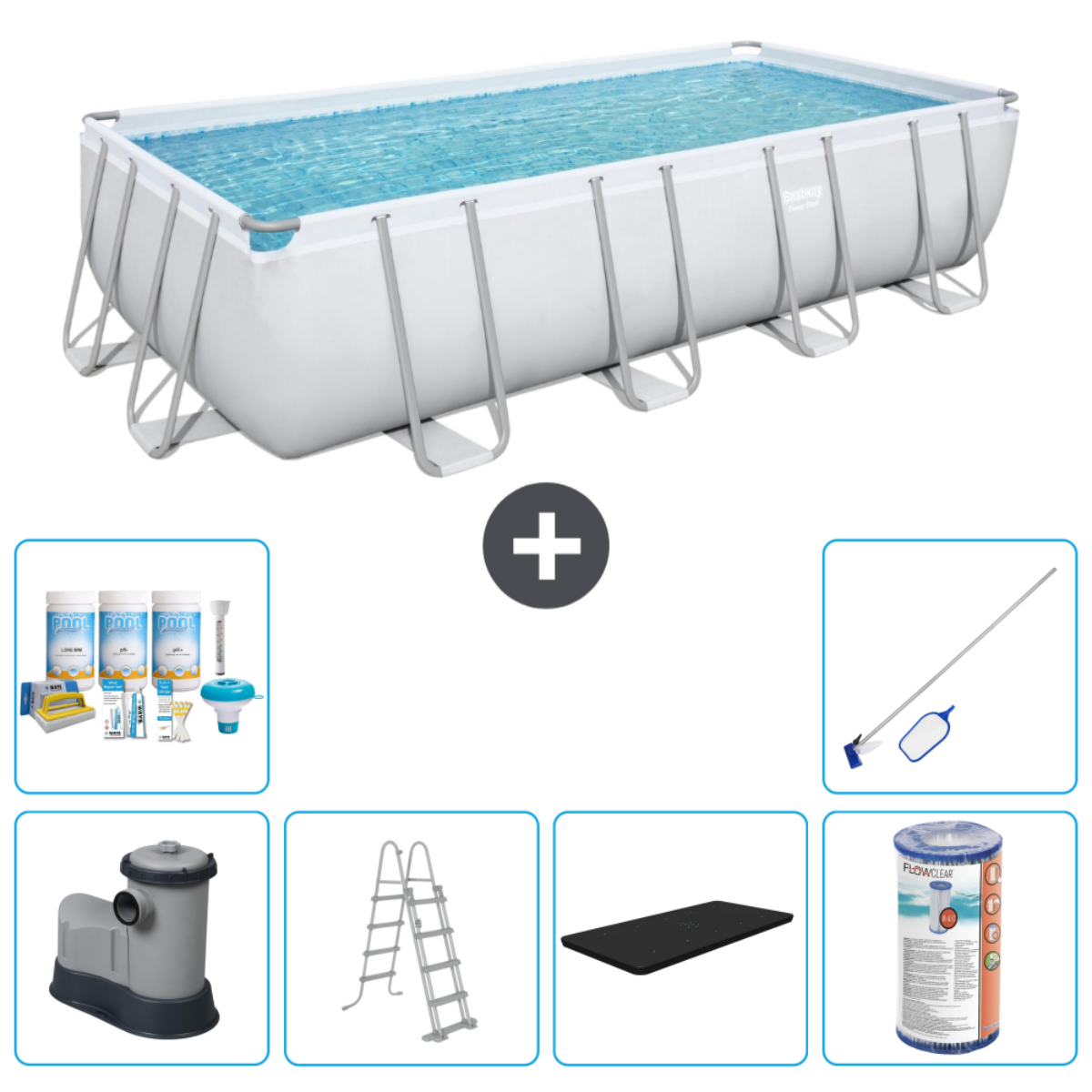 Rechthoekige bovengrondse zwembad set met accessoires, waaronder chemicaliën, ladder en een hoes.