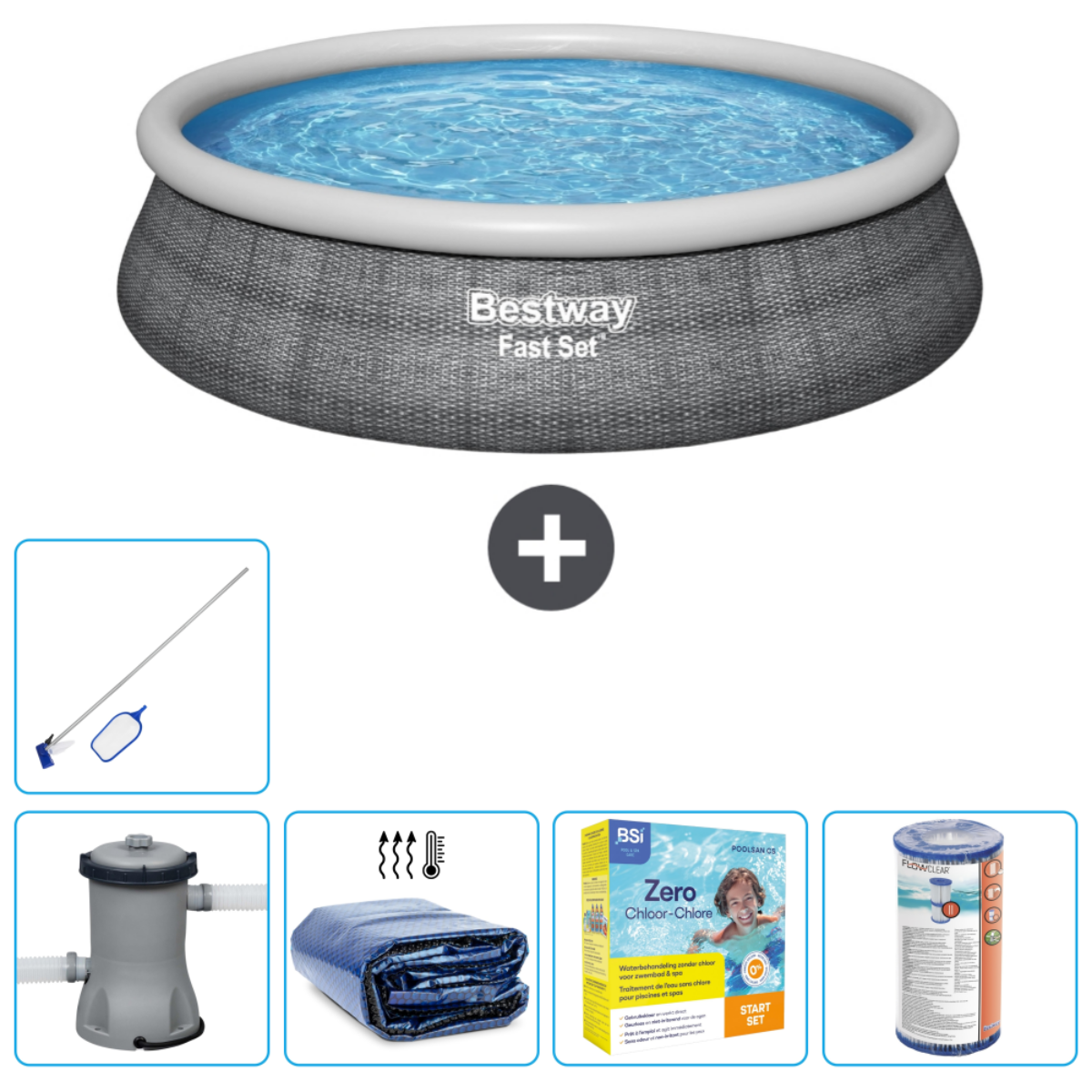 Grijs opblaasbaar zwembad met accessoires: skimmer, pomp, afdekzeil, ontsmettingsmiddel en watertestkit.