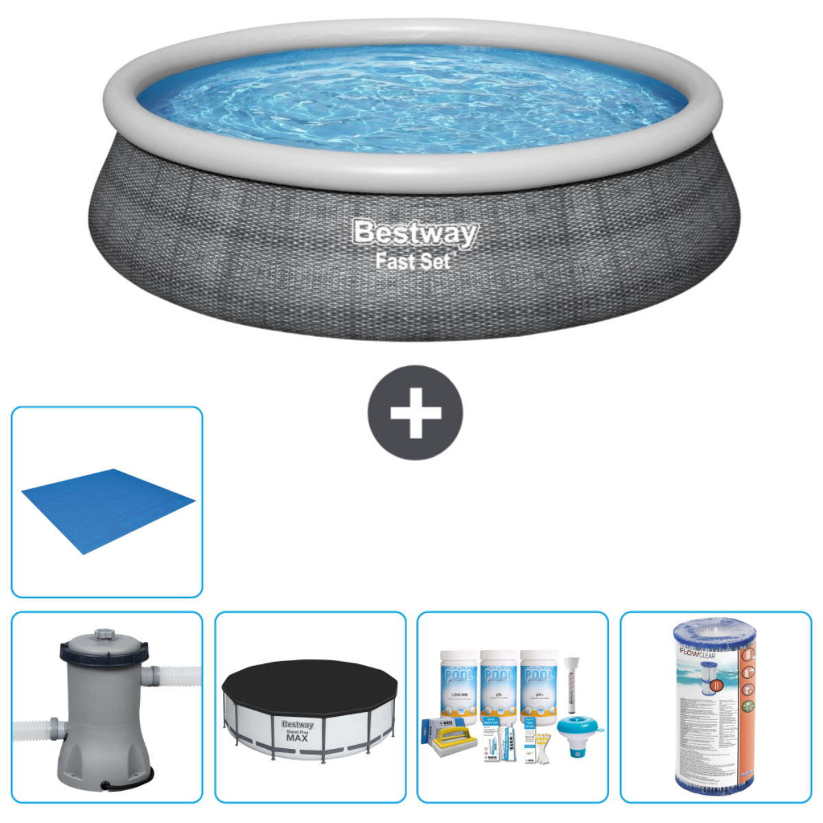 Een opblaasbaar zwembad en accessoires: filter, afdekking en reinigingskit.