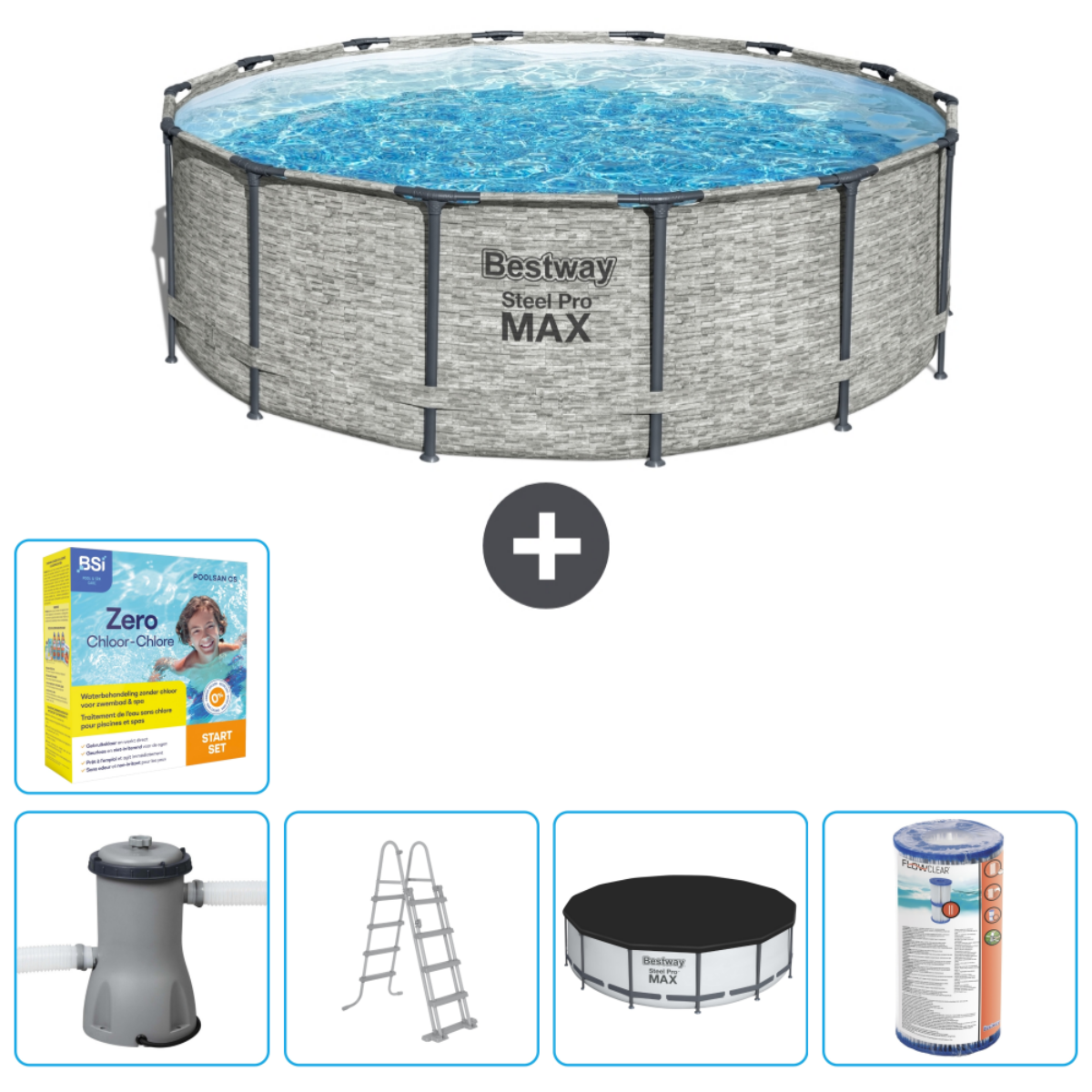 Zwembad met accessoires: pomp, chemicaliën, ladder, afdekking.