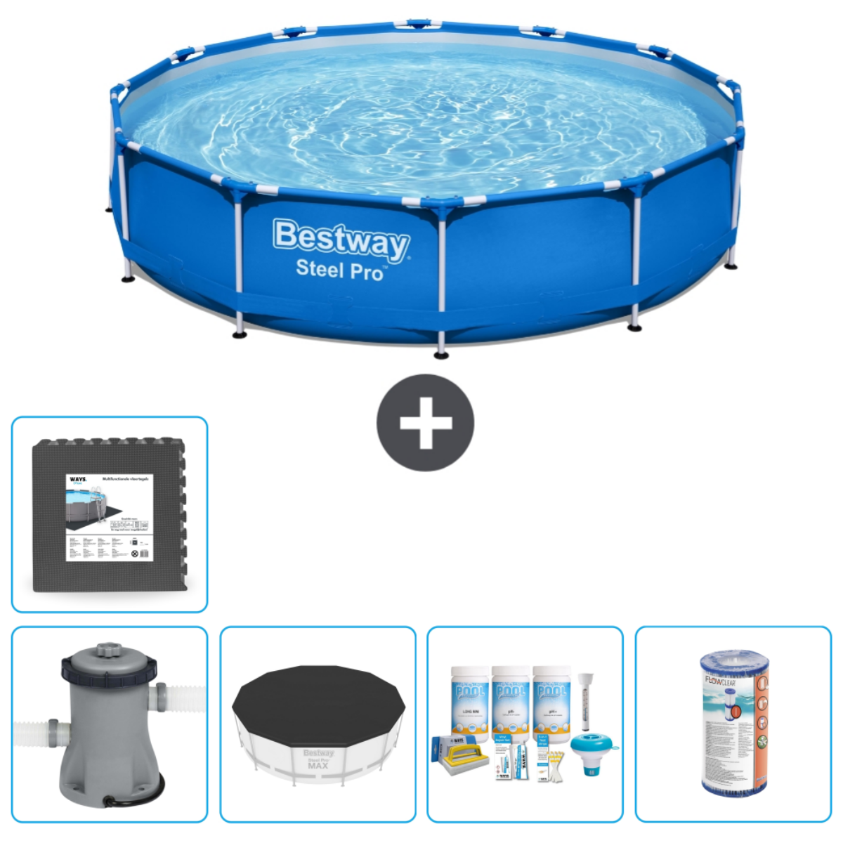 Piscine bleue octogonale avec accessoires : tapis, filtre, couverture et produits chimiques.