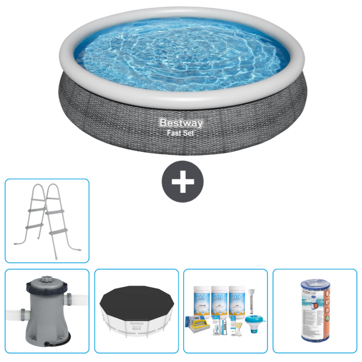 Rond Bestway Fast Set zwembad met accessoires. Inclusief ladder, filter en chemicaliën.