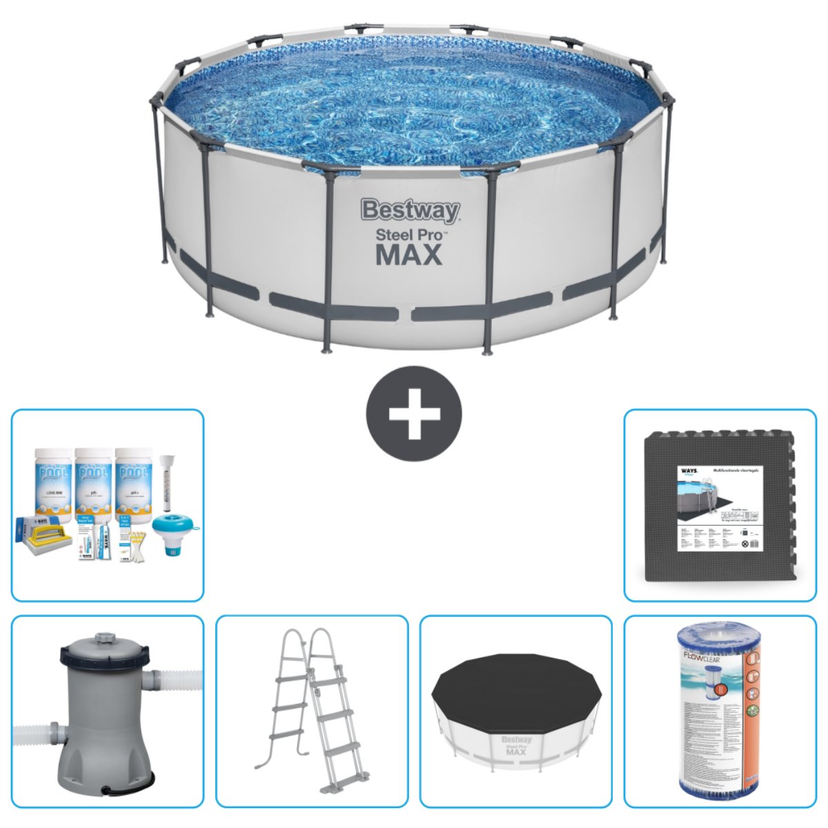 Rond zwembad met accessoires: chemicaliën, ladder, afdekking, pomp, tegels, filter.