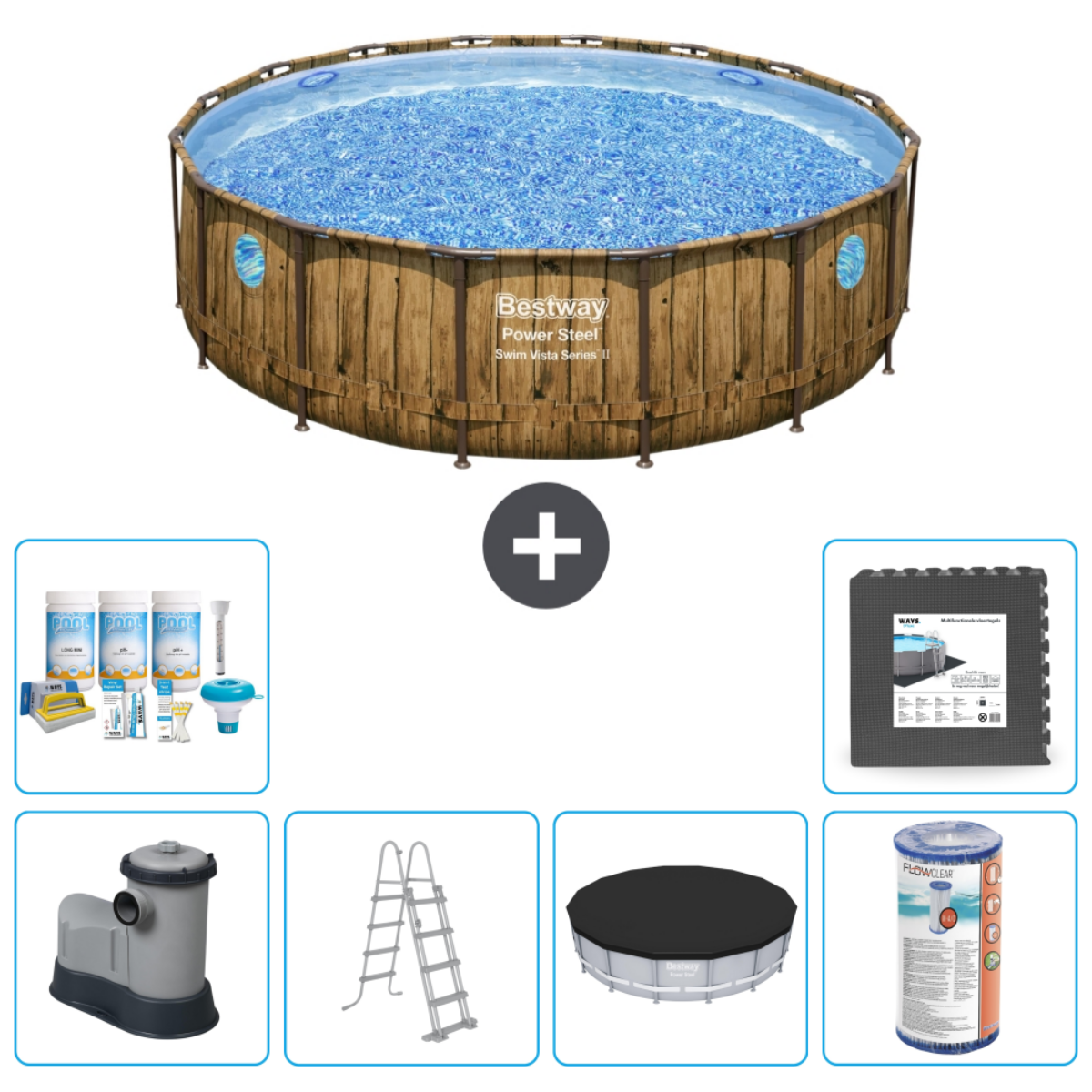 Ensemble de piscine hors-sol avec accessoires, y compris produits chimiques, échelle et couverture, sur fond blanc.
