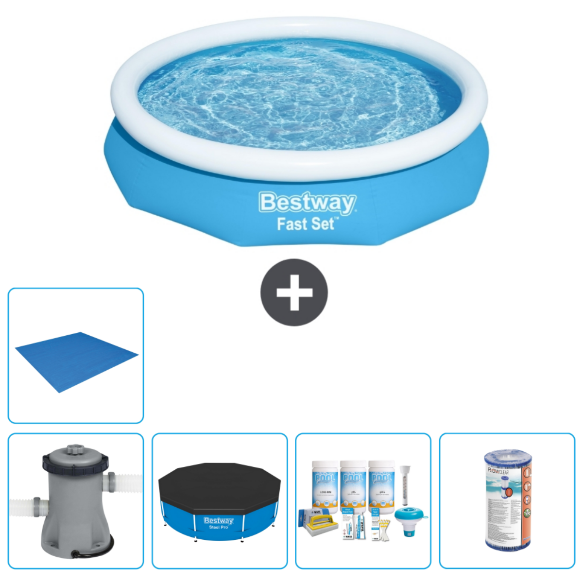 Blue and white above-ground pool set with accessories. The set includes a pool, cover, filter, and chemicals.
