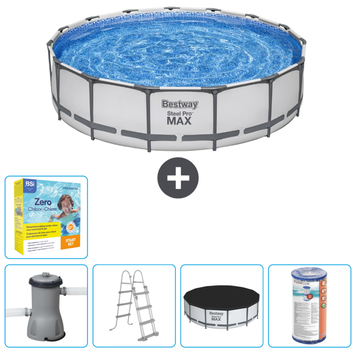Bovengrondse pool, accessoires. Inclusief chemicaliën, filter, ladder en afdekking. Wit en blauw kleurenschema.