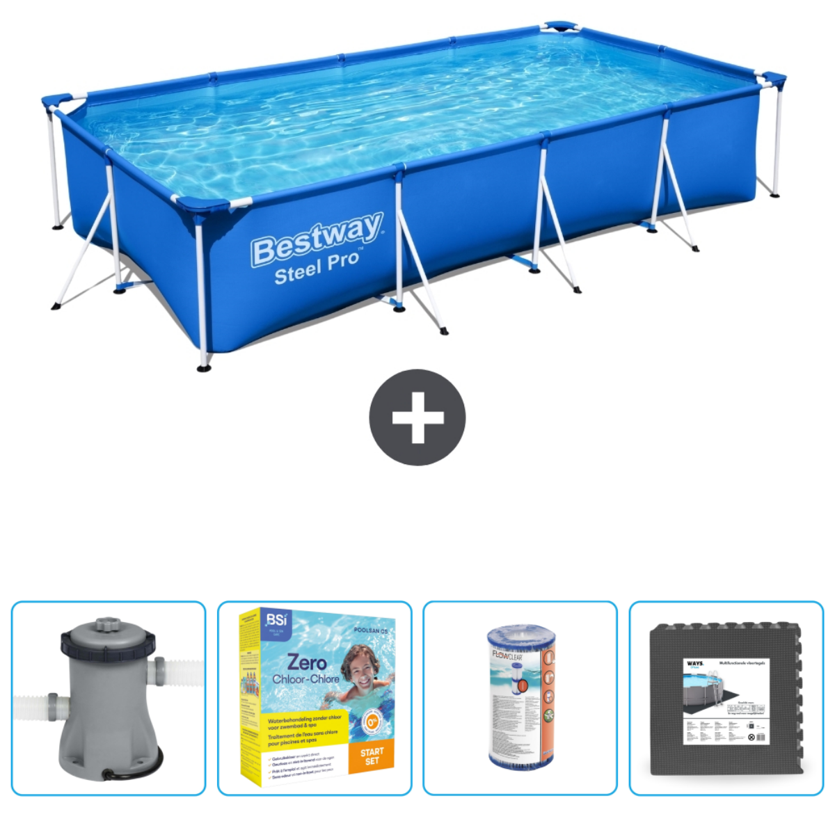 Piscine rectangulaire Bestway avec accessoires : filtre, produits chimiques, tapis et pompe.