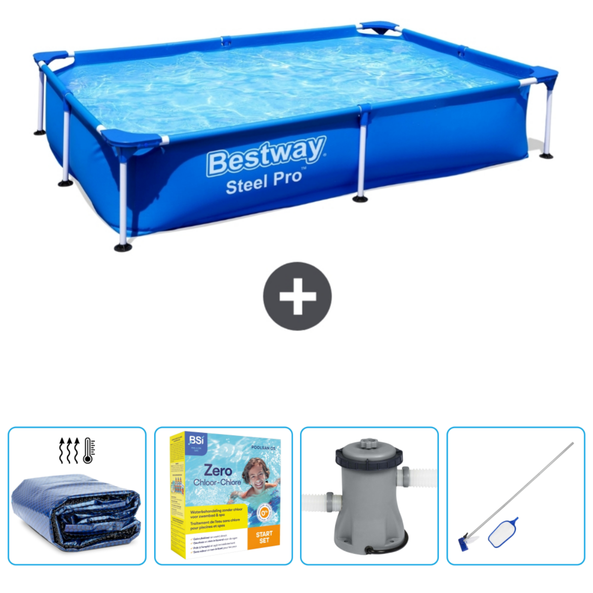 Blauw zwembad met accessoires op witte achtergrond.