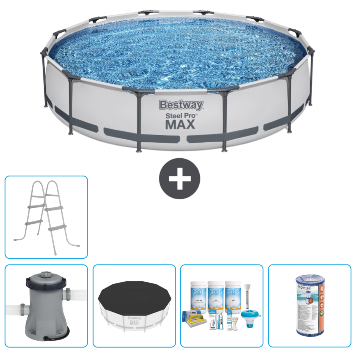Een achthoekige bovengrondse zwembadset. Zwembad, filter, chemicaliën en meer. Wit en blauw. Bestway merk.