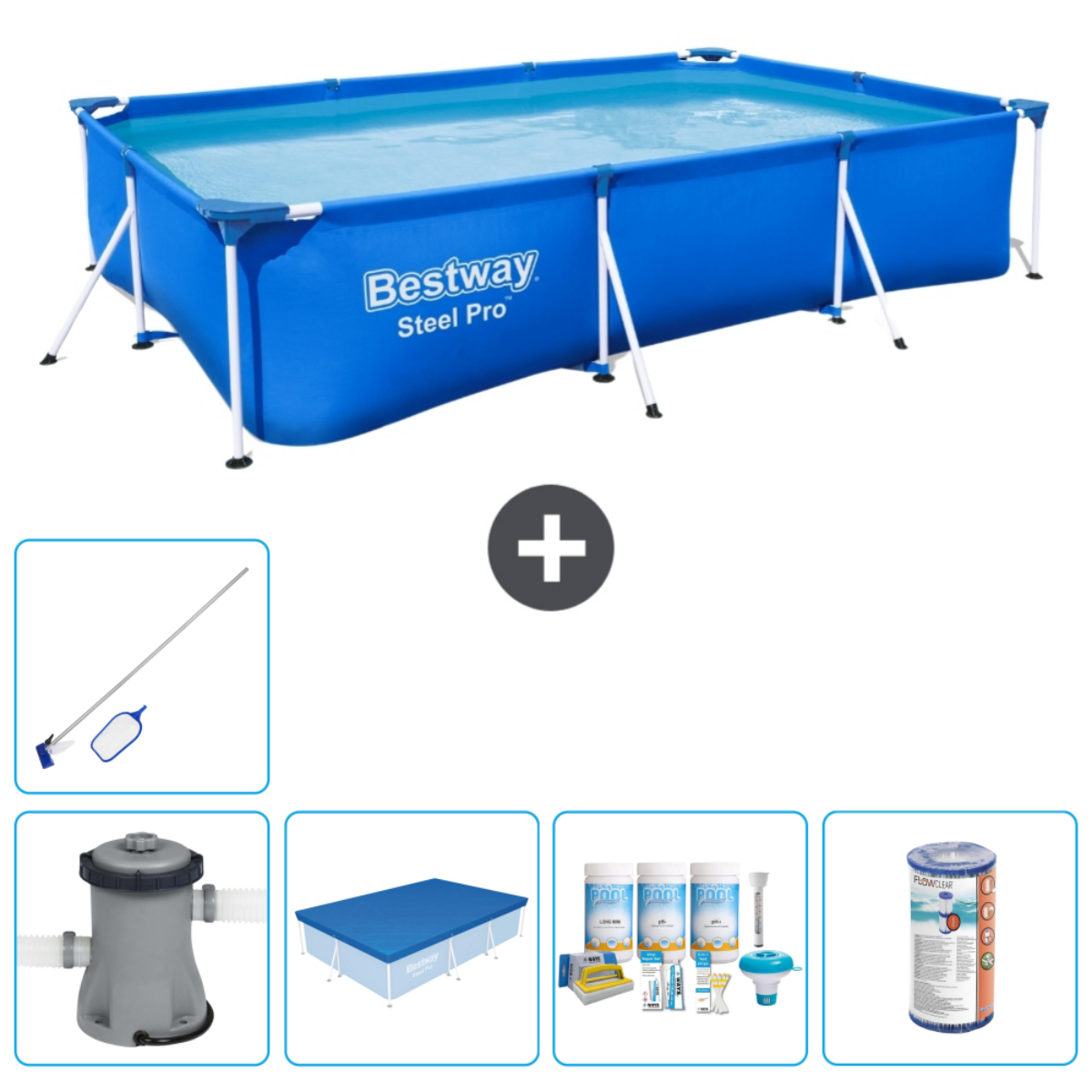 Une piscine rectangulaire bleue avec des accessoires : filtre, bâche et kit de nettoyage.
