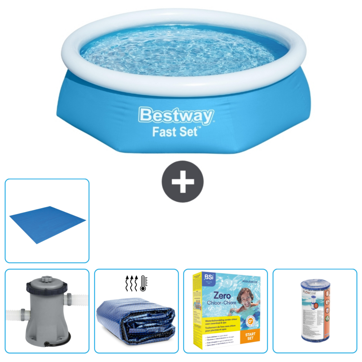 Blue inflatable pool with accessories. Includes a ground sheet, cover, filter, and chlorine kit.