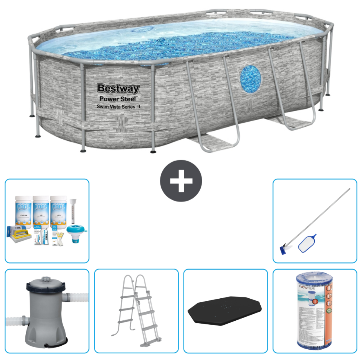 Ovaal Bestway Power Steel zwembad met accessoires. Inclusief ladder, filter en chemicaliën.