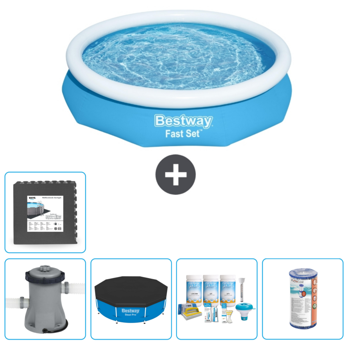 Piscine bleue avec bord supérieur blanc. Accessoires : tapis, filtre, couverture et produits chimiques.