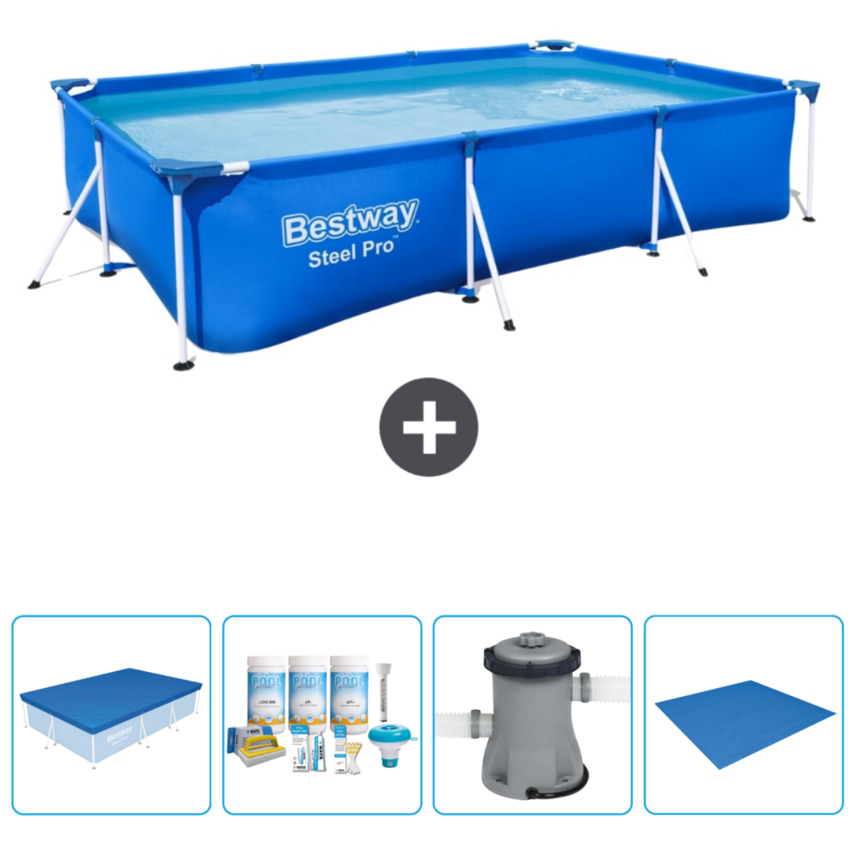 Piscine rectangulaire bleue hors sol avec accessoires. Comprend couverture, produits chimiques, filtre et sol.