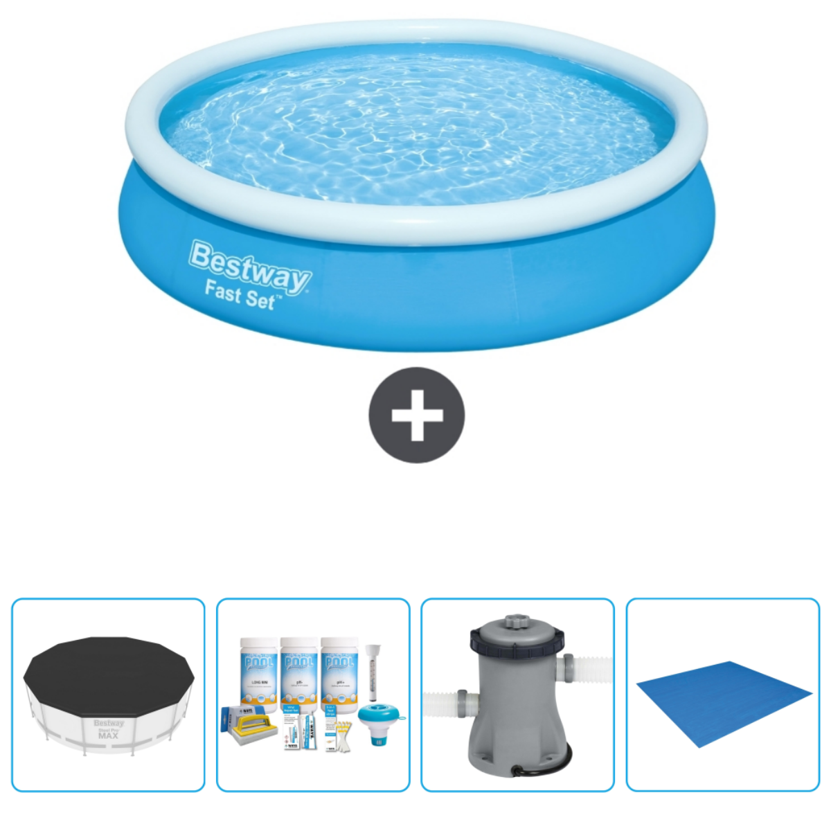 Blauw opblaasbaar zwembad met accessoires. Inclusief afdekking, chemicaliën, filter en mat.