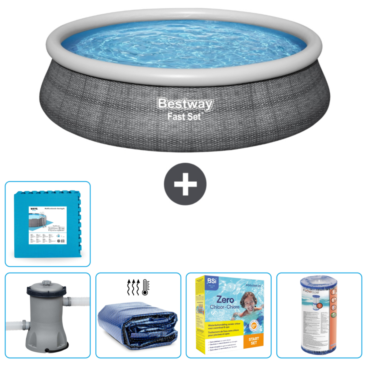 Piscine ronde avec eau et accessoires. Comprend tapis, filtre, couverture, produits chimiques et produits de nettoyage.