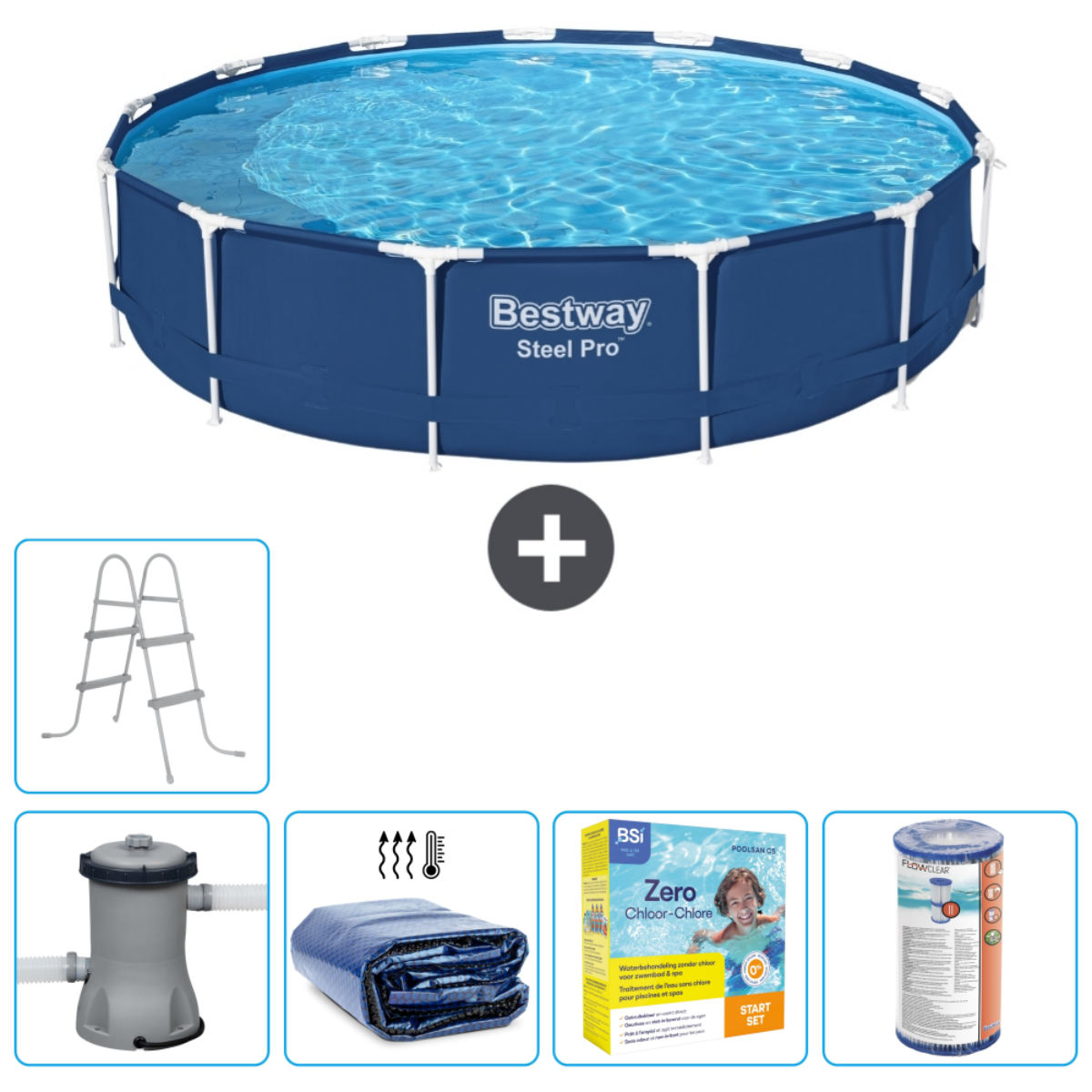 Piscine bleue Bestway Steel Pro avec accessoires. Comprend échelle, filtre et produits chimiques.