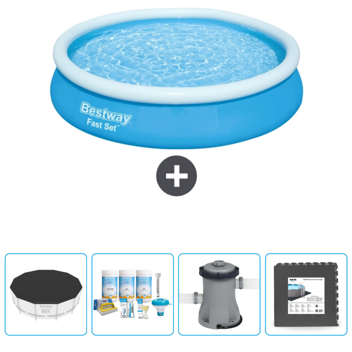 Blauwe en witte opblaasbare zwembad set met accessoires, waaronder een hoes, chemicaliën, mat en een pomp.