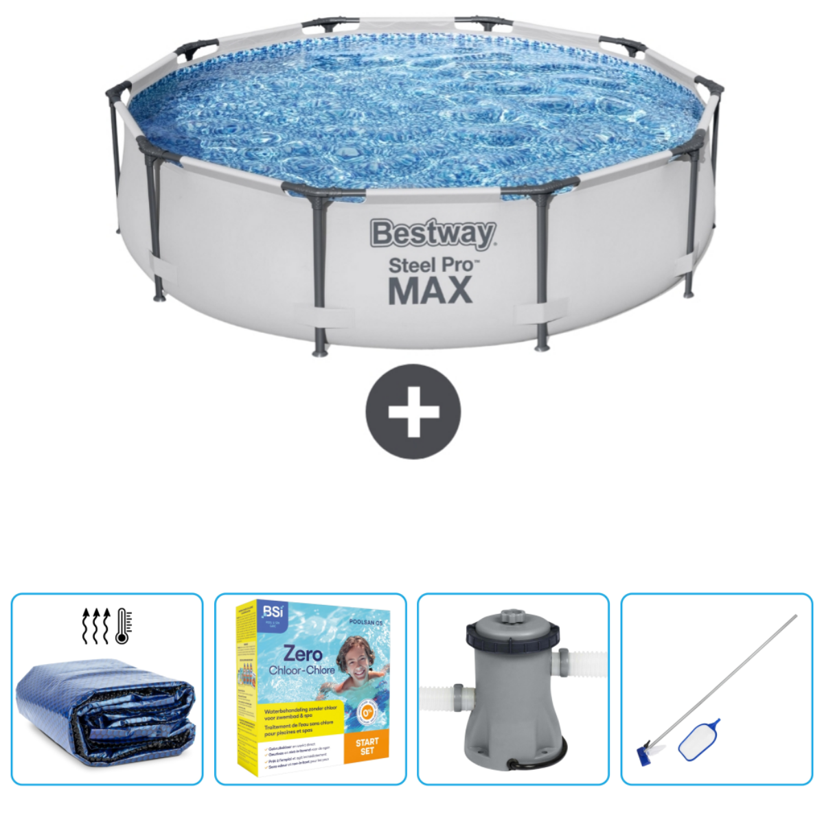 Kit de piscine octogonale hors sol. Piscine, filtre, échelle, produits chimiques, etc. Gris et bleu. Bestway.