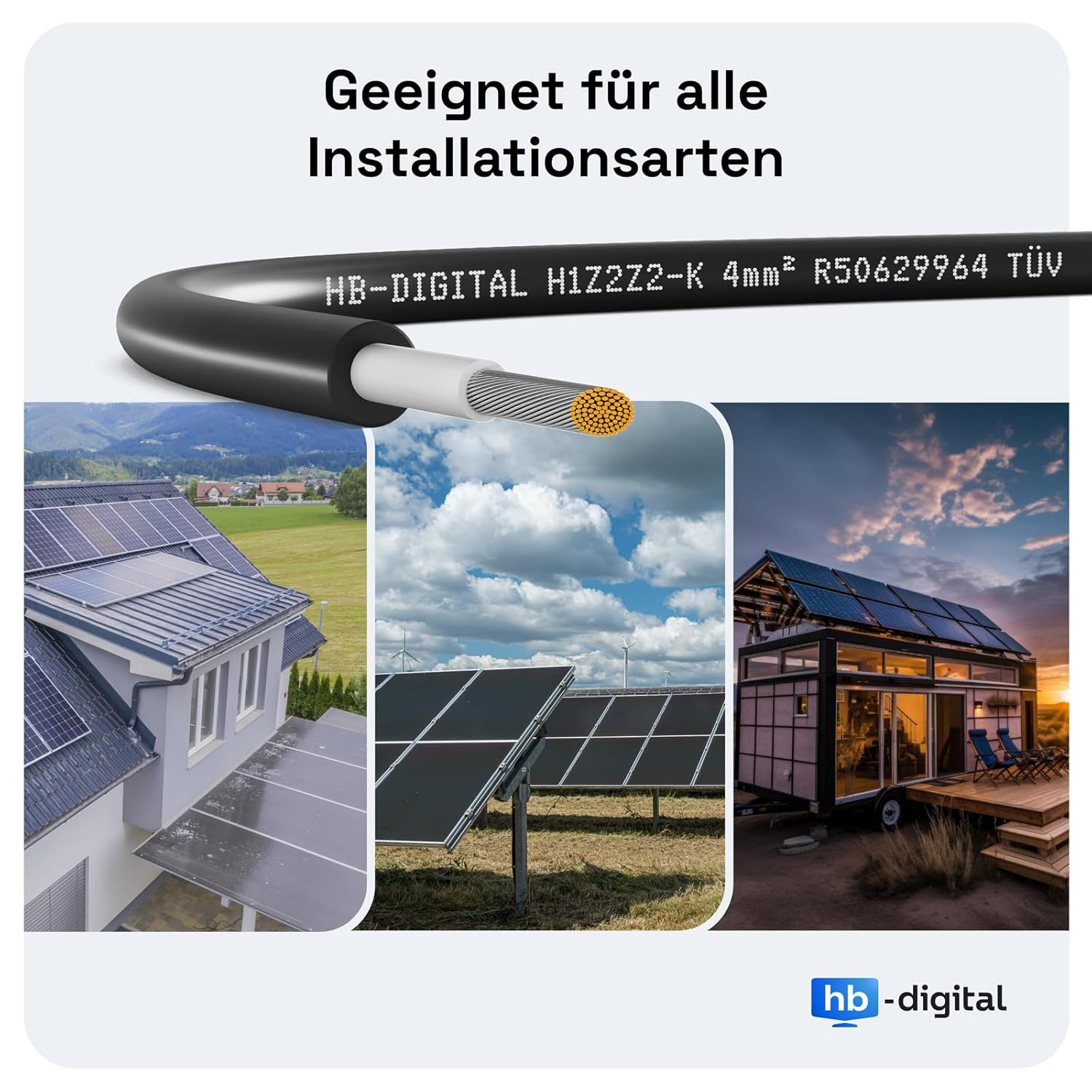 Drei Bilder von Sonnenkollektoren und einem Kabel. Text sagt "Geeignet für alle Installationsarten" und "hb-digital".