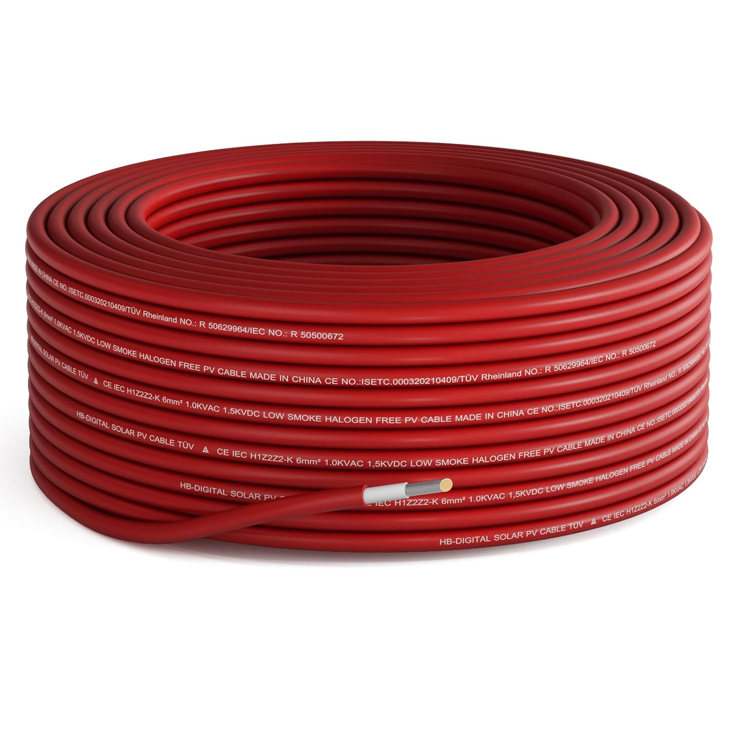 Eine rote Kabelrolle. Das Kabel ist beschriftet. Das Kabel ist rot mit einem gelben Teil.