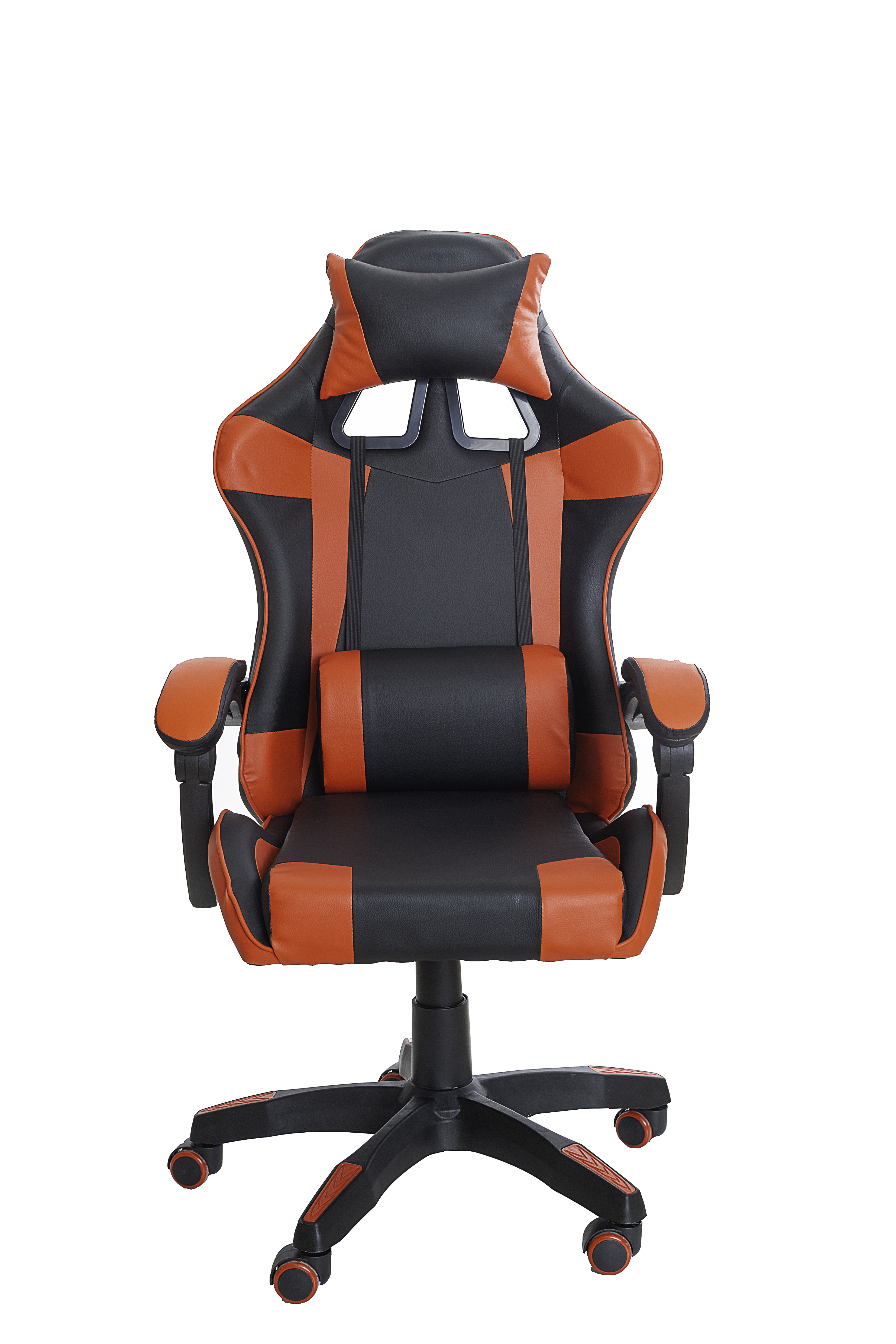 Silla gamer con esquema de color rojo y negro, sobre fondo blanco. Tiene ruedas.