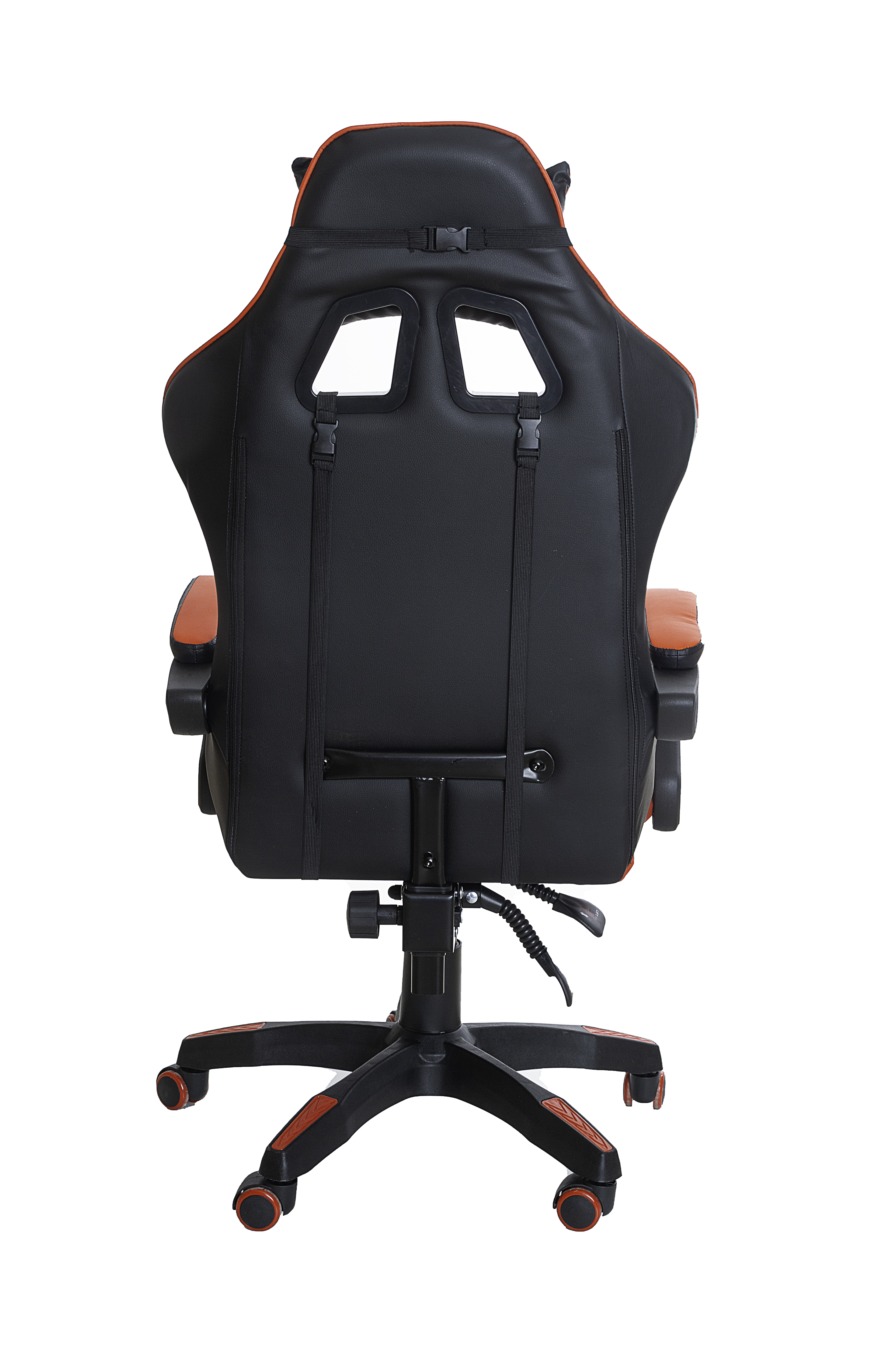 Vista trasera de una silla gaming negra y roja. Respaldo alto, altura ajustable, ruedas.