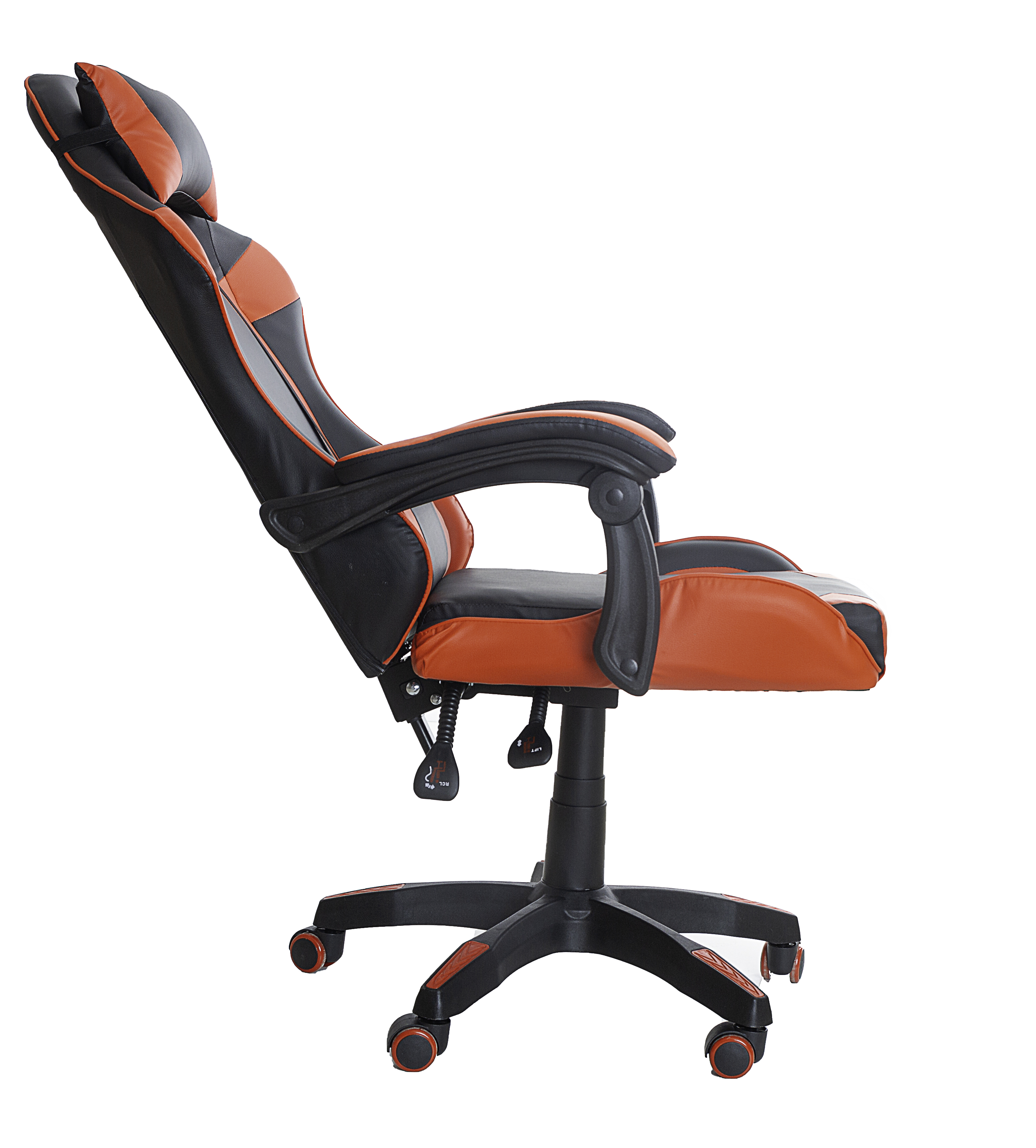 Una silla gaming roja y negra con reposacabezas y reposabrazos, vista de lado.