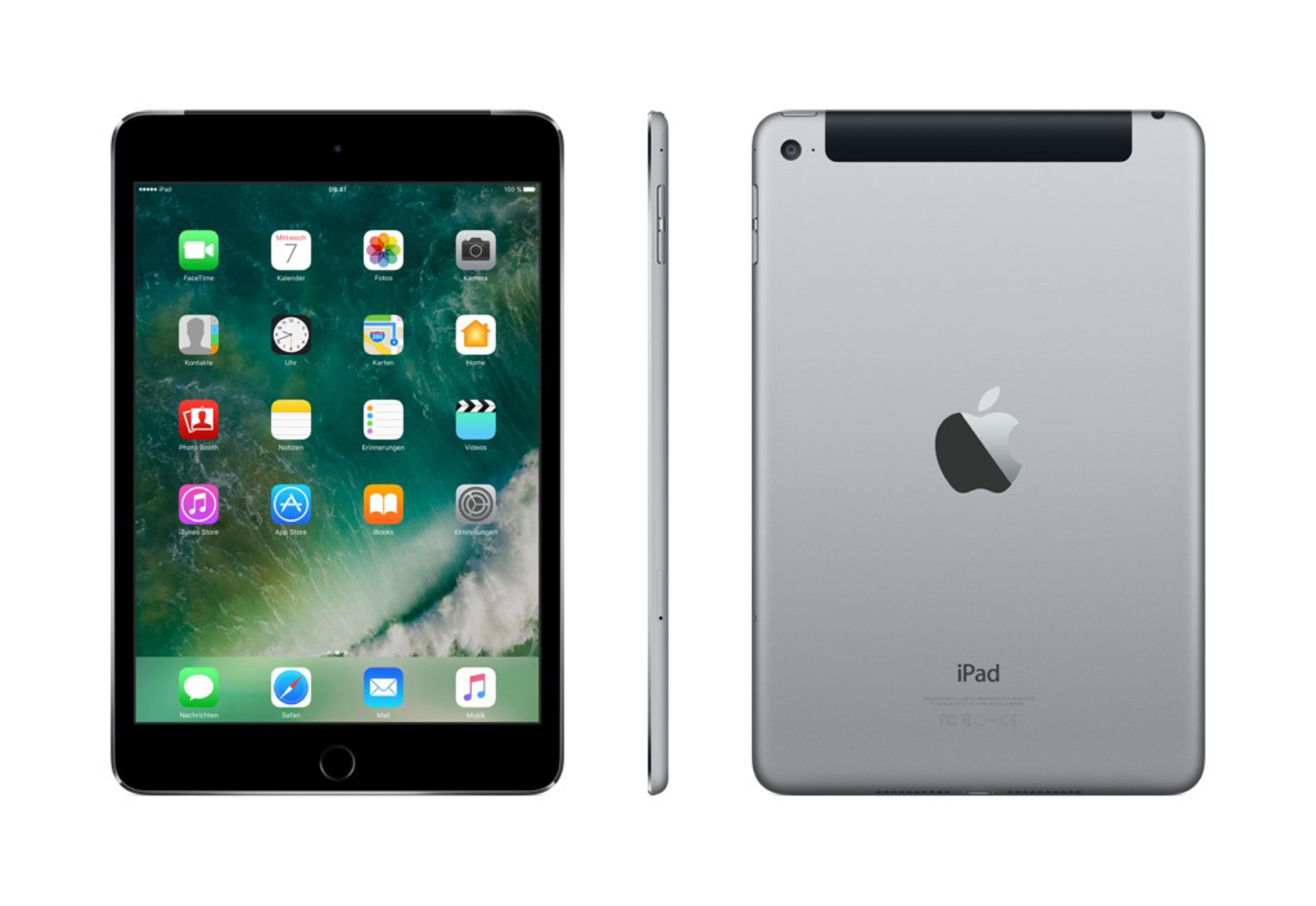 iPad w trzech widokach: przód, bok i tył, na białym tle.