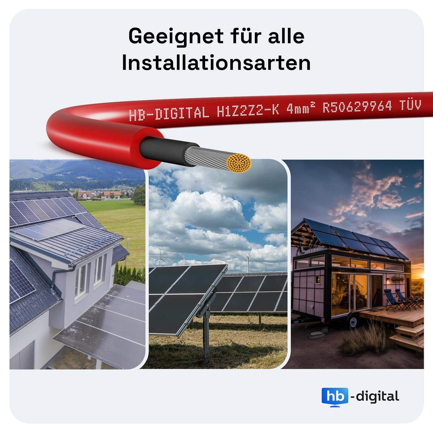 Rotes Kabel mit Text und drei Bildern von Solaranlagen. Text oben: Geeignet für alle Installationsarten.