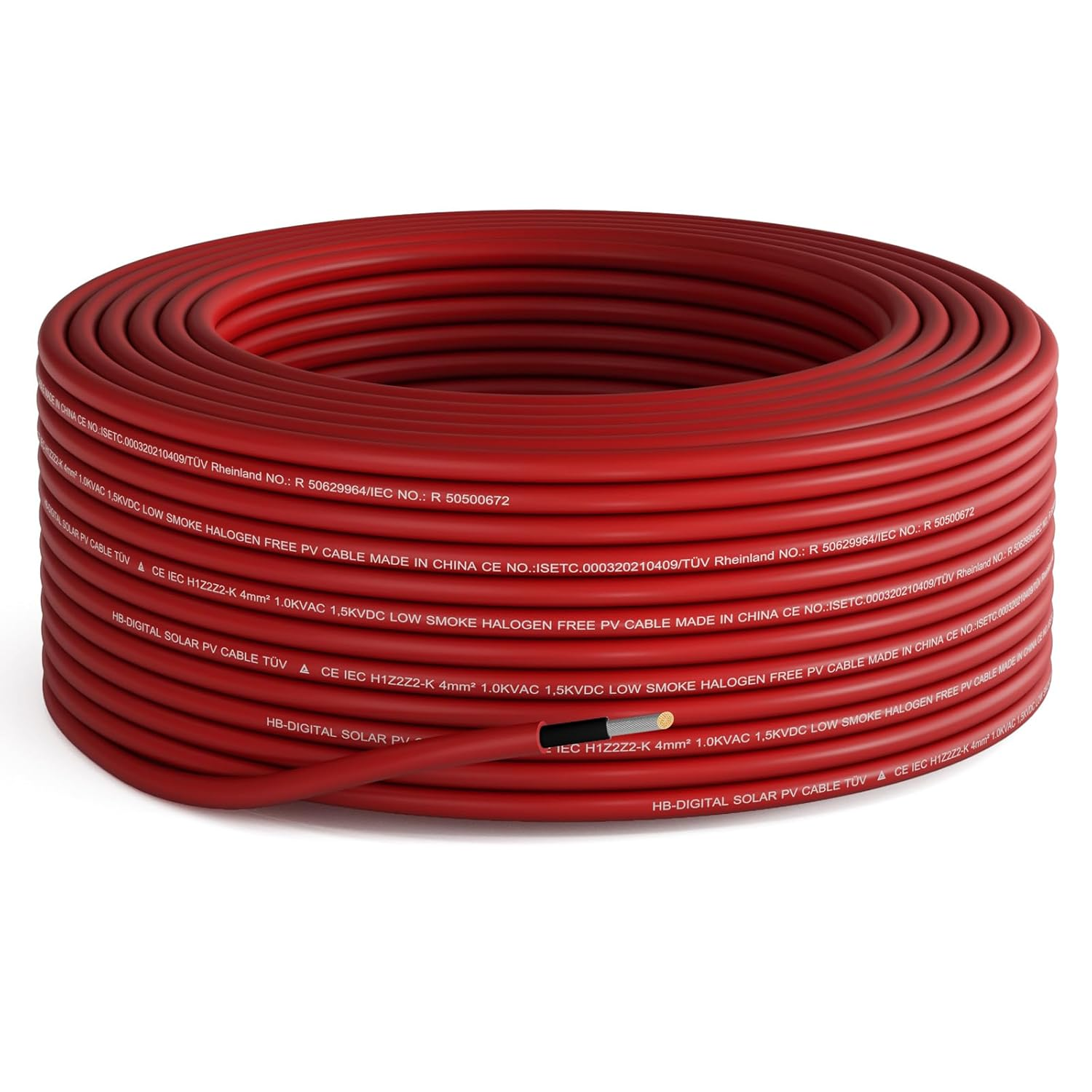 Eine rote Kabelspule mit aufgedrucktem Text. Das Kabel ist dick und rund.