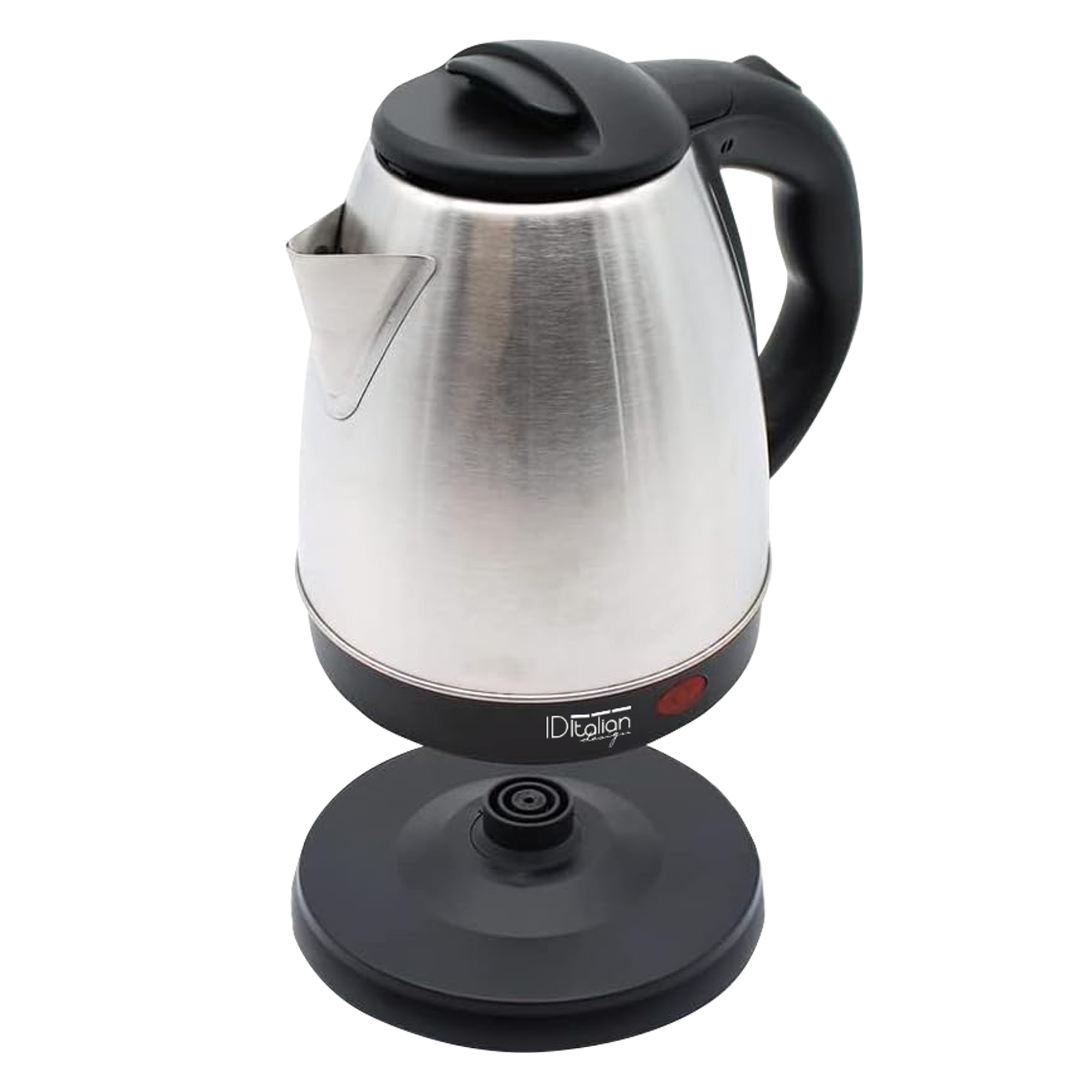 Czajnik elektryczny ze stali nierdzewnej z czarną podstawą i uchwytem.