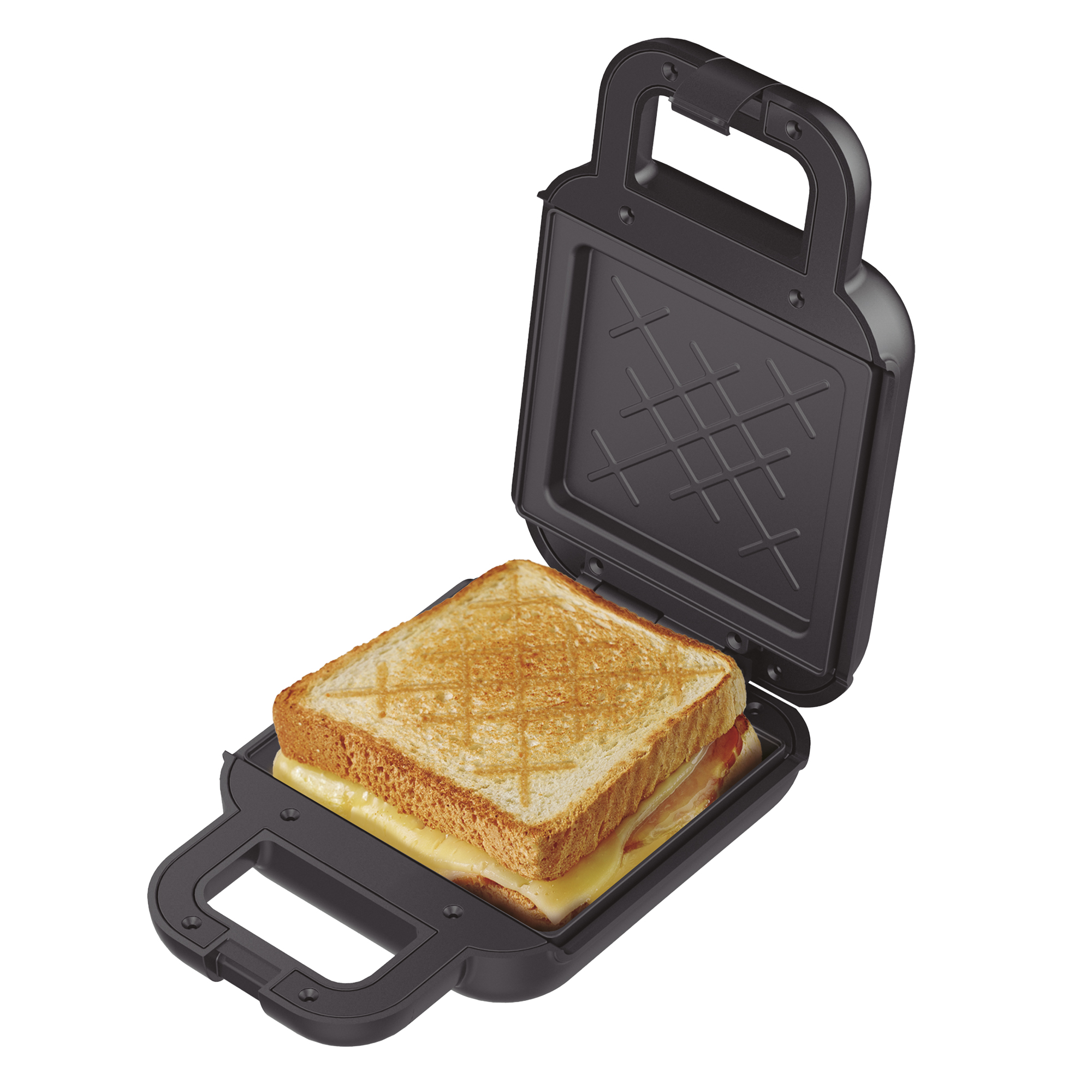 Czarny opiekacz do kanapek otwarty. W środku ma tostowaną kanapkę. Kanapka ma chleb, szynkę i ser.