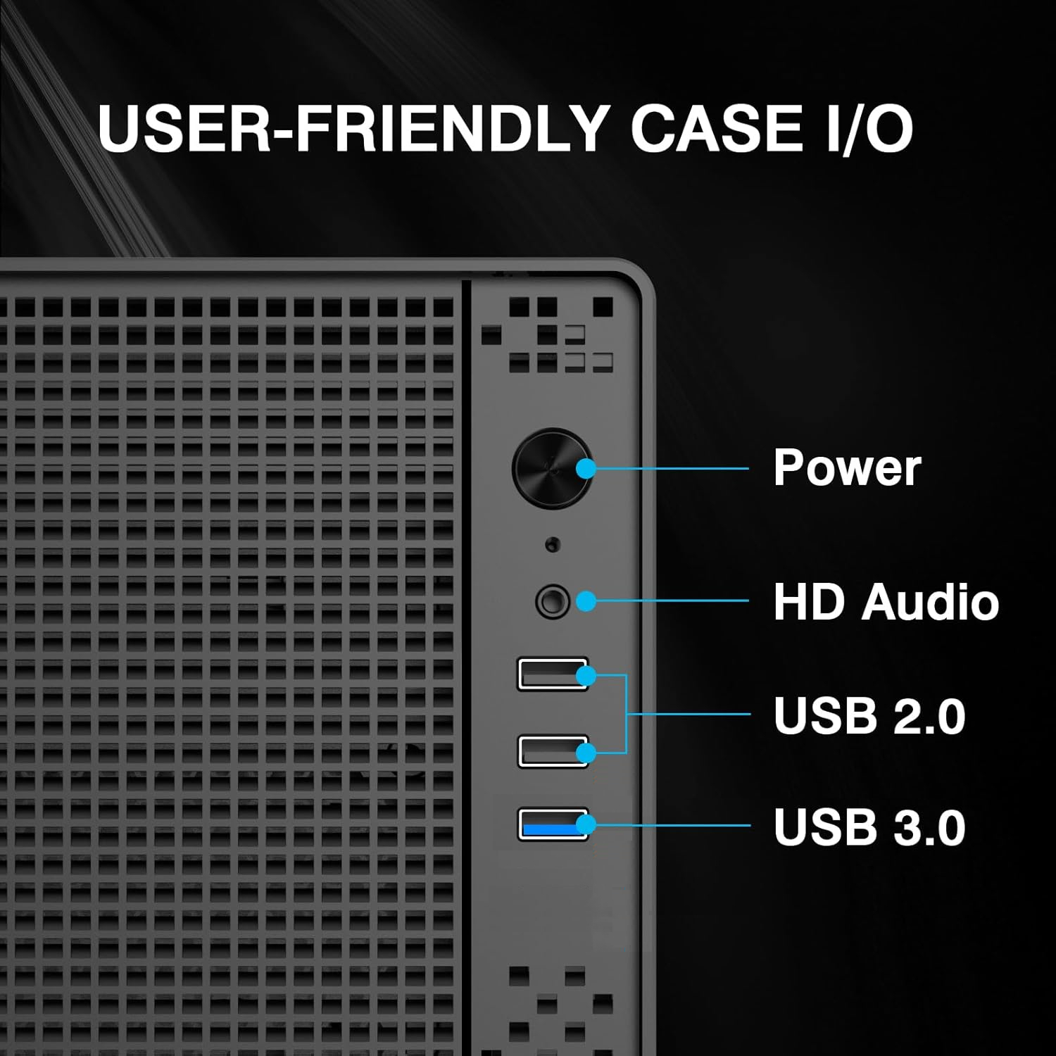 Primer plano de una carcasa de computadora negra con puertos etiquetados: alimentación, HD Audio y USB.