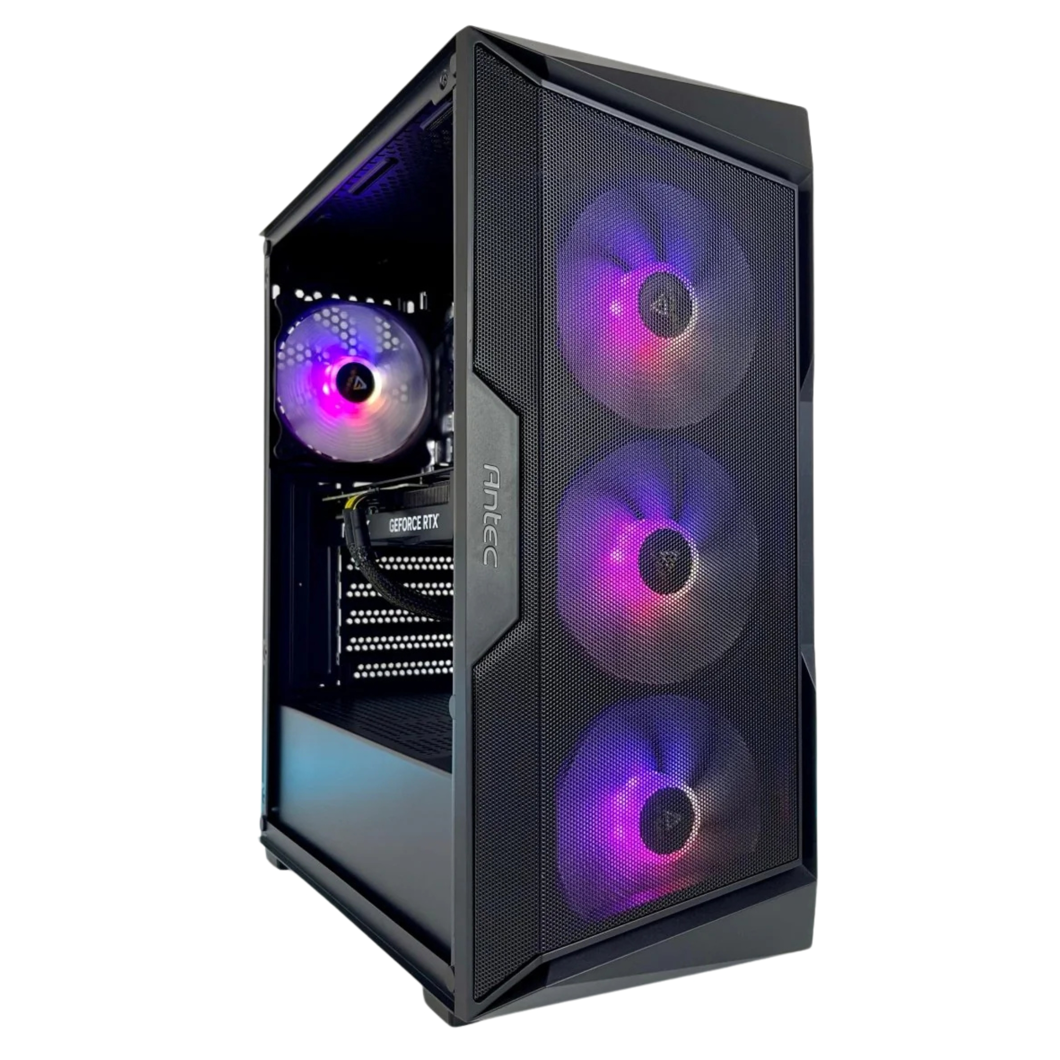 Una caja de ordenador negra con tres ventiladores coloridos y un ventilador de CPU brillante. La caja está abierta.